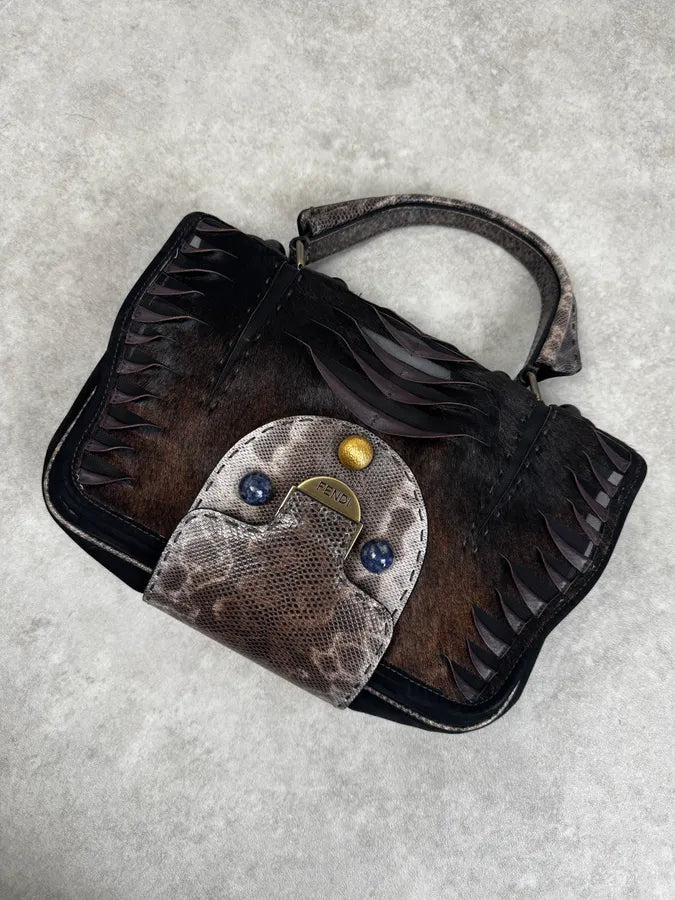 Fendi Brown Leather Fringe Fur Handle Bag QlKpYaE 4