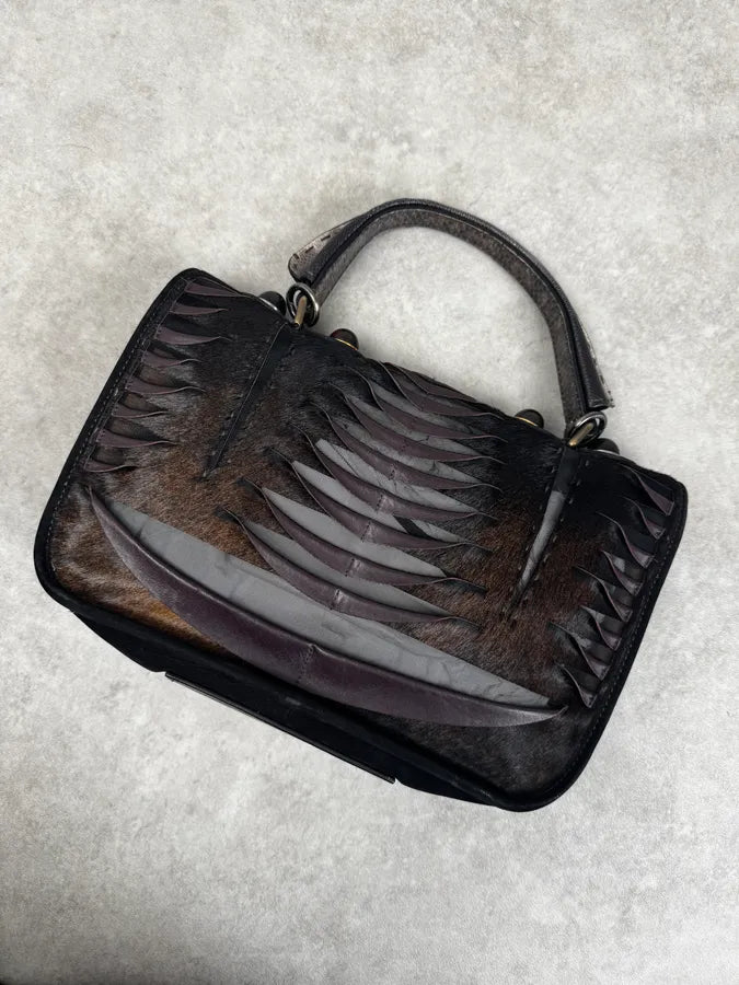 Fendi Brown Leather Fringe Fur Handle Bag QlKpYaE 5