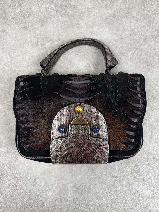 Fendi Brown Leather Fringe Fur Handle Bag QlKpYaE 0