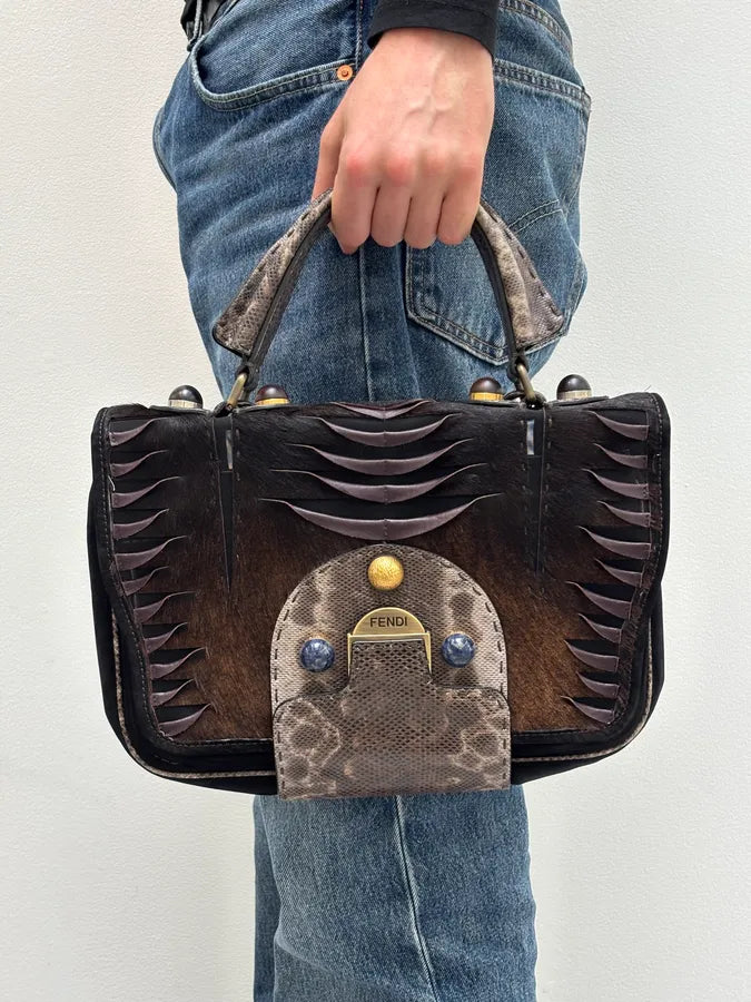 Fendi Brown Leather Fringe Fur Handle Bag QlKpYaE 2