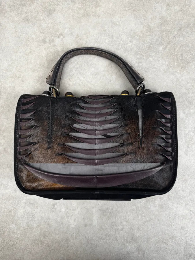 Fendi Brown Leather Fringe Fur Handle Bag QlKpYaE 1