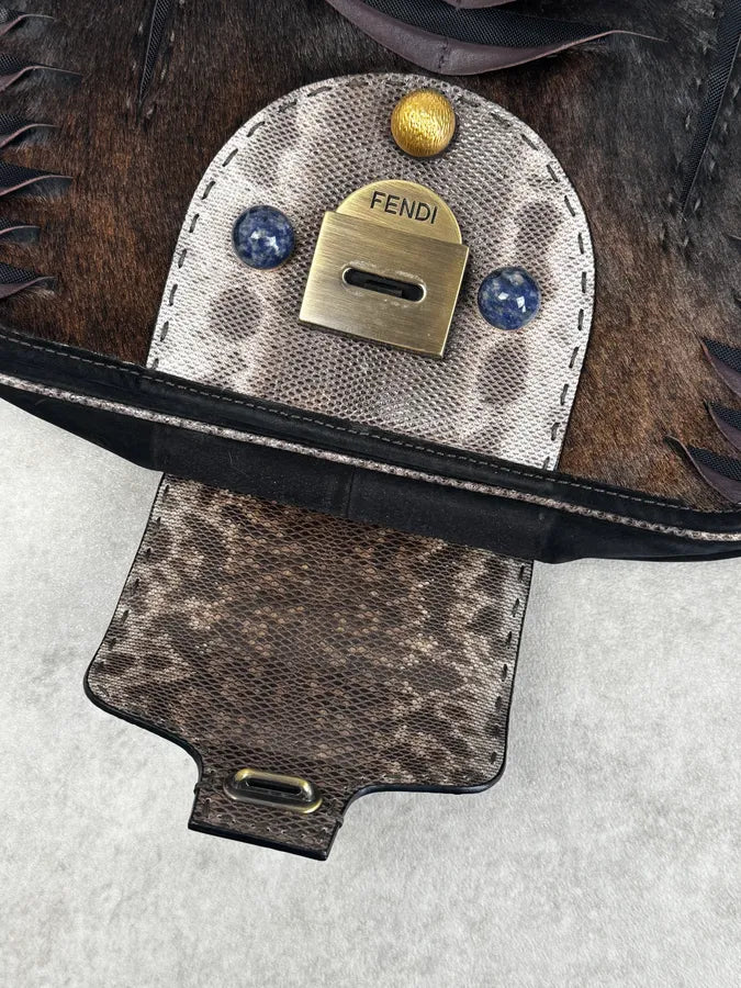 Fendi Brown Leather Fringe Fur Handle Bag QlKpYaE 11