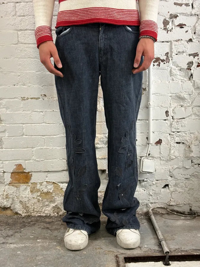 Fendi Navy Denim Distressed Floral Jeans eUAkilQ 1