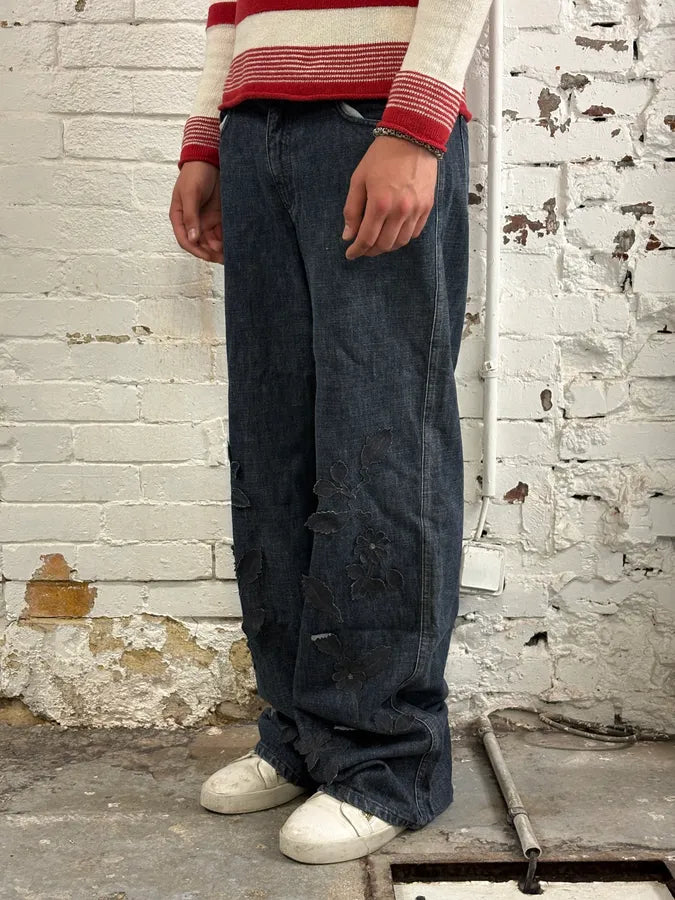 Fendi Navy Denim Distressed Floral Jeans eUAkilQ 2
