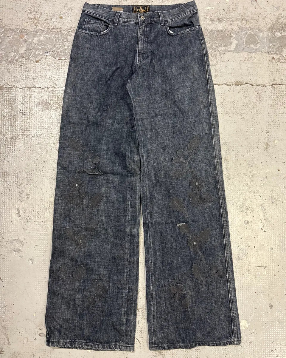 Fendi Navy Denim Distressed Floral Jeans eUAkilQ 0