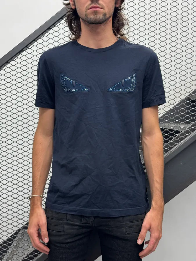 Fendi Navy Signature Devil Studded Eyes T Shirt RFlijRp 1