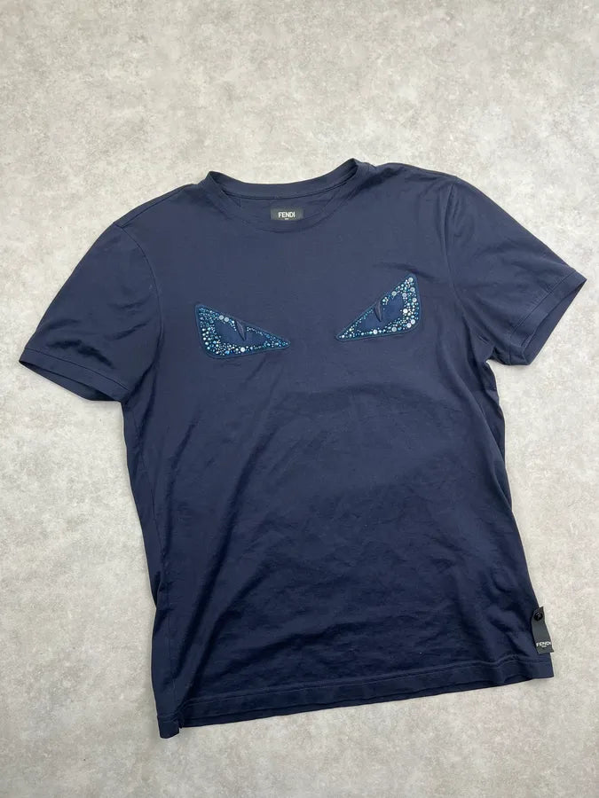 Fendi Navy Signature Devil Studded Eyes T Shirt RFlijRp 3