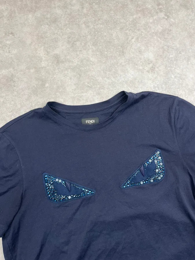 Fendi Navy Signature Devil Studded Eyes T Shirt RFlijRp 4