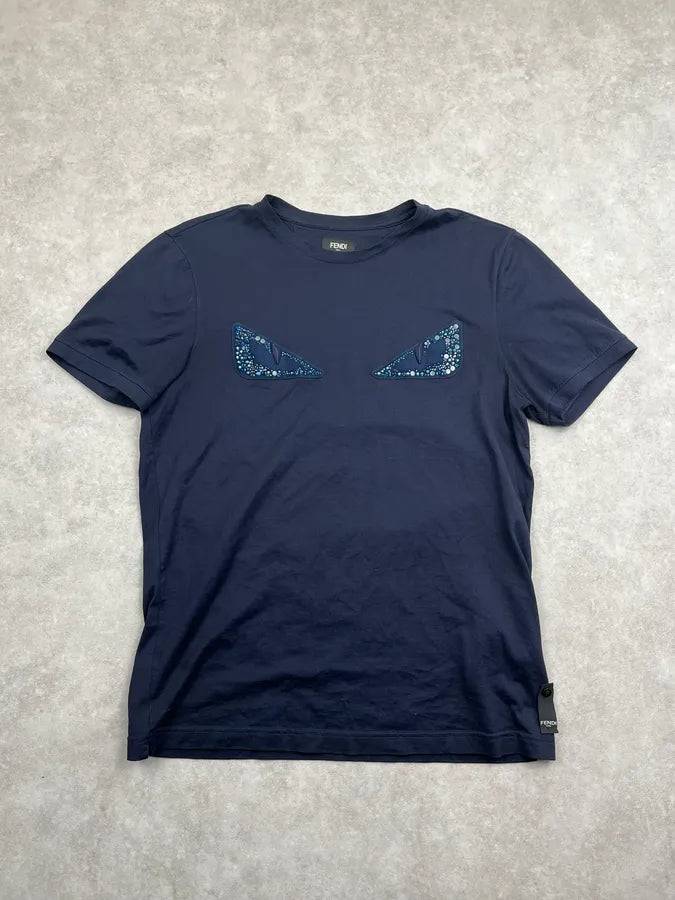 Fendi Navy Signature Devil Studded Eyes T Shirt RFlijRp 0