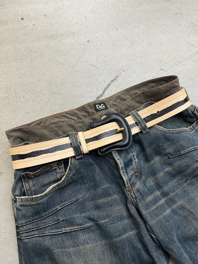 Fendi Striped Python Embossed Beige & Black Leather Belt wdeYMZH 0