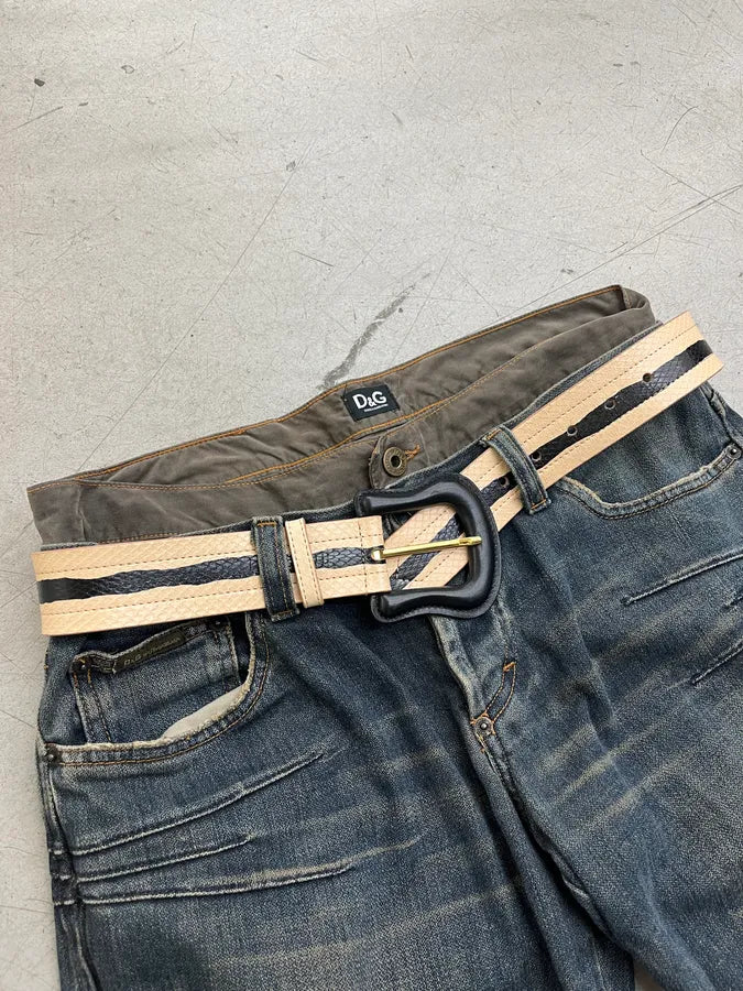 Fendi Striped Python Embossed Beige & Black Leather Belt wdeYMZH 1