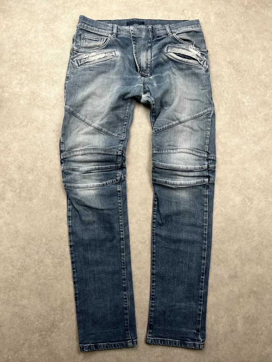 SS2012 Pierre Balmain Blue Denim Biker Distressed Jeans fhyIXuPY 0