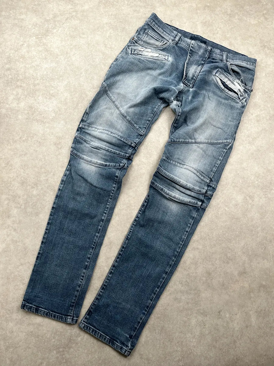 SS2012 Pierre Balmain Blue Denim Biker Distressed Jeans fhyIXuPY 4