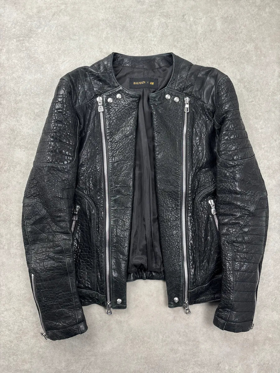 AW2015 Balmain x H&M Black Leather Textured Moto Leather Jacket fiIqAoAR 0