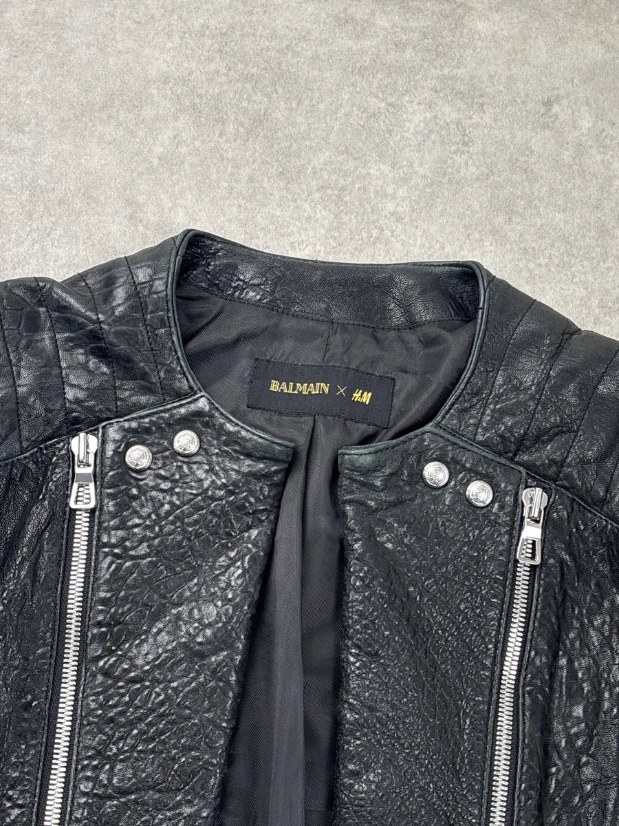 AW2015 Balmain x H&M Black Leather Textured Moto Leather Jacket fiIqAoAR 9
