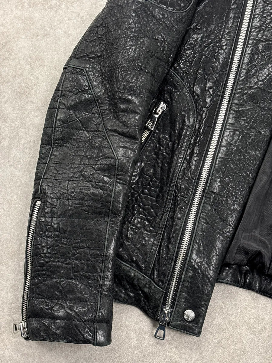 AW2015 Balmain x H&M Black Leather Textured Moto Leather Jacket fiIqAoAR 6