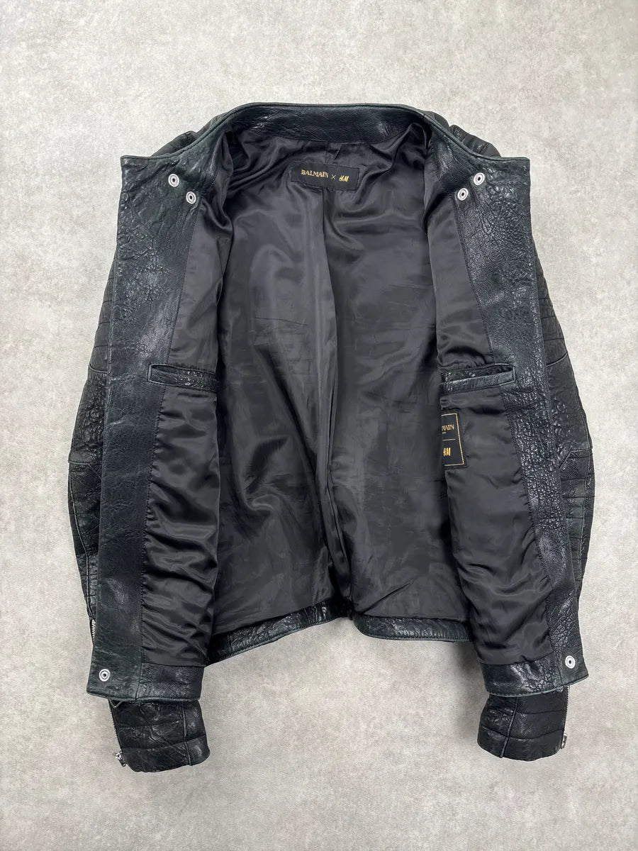 AW2015 Balmain x H&M Black Leather Textured Moto Leather Jacket fiIqAoAR 4