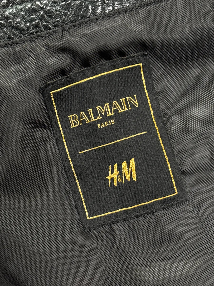 AW2015 Balmain x H&M Black Leather Textured Moto Leather Jacket fiIqAoAR 11