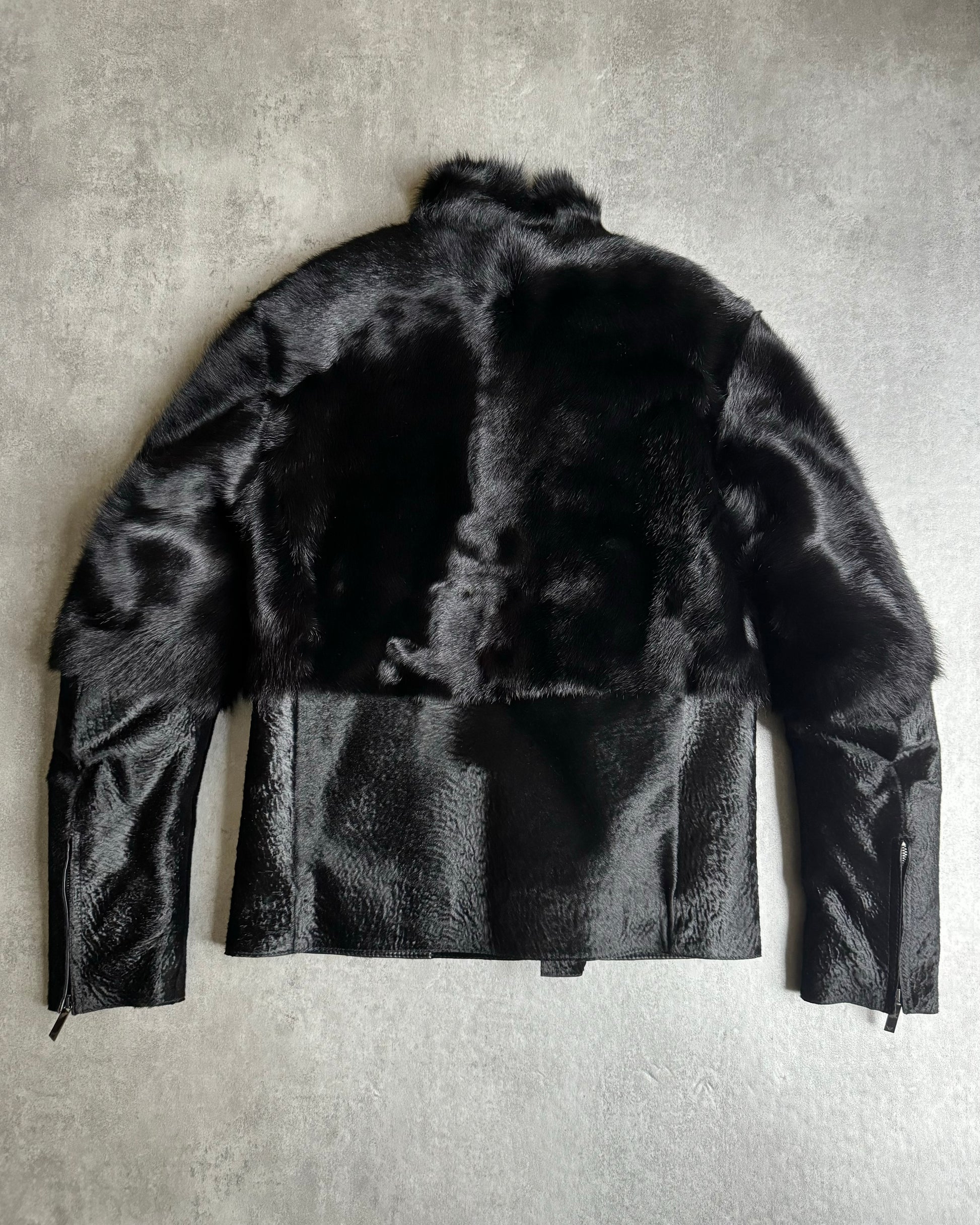 AW2012 Emporio Armani Black Baby Calf Skin Fur Asymmetrical Jacket (M) - 2