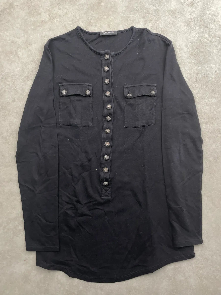 2000s Balmain Black Cashmere Lion Crest Button Henley Longsleeve fnMZXSCj 0
