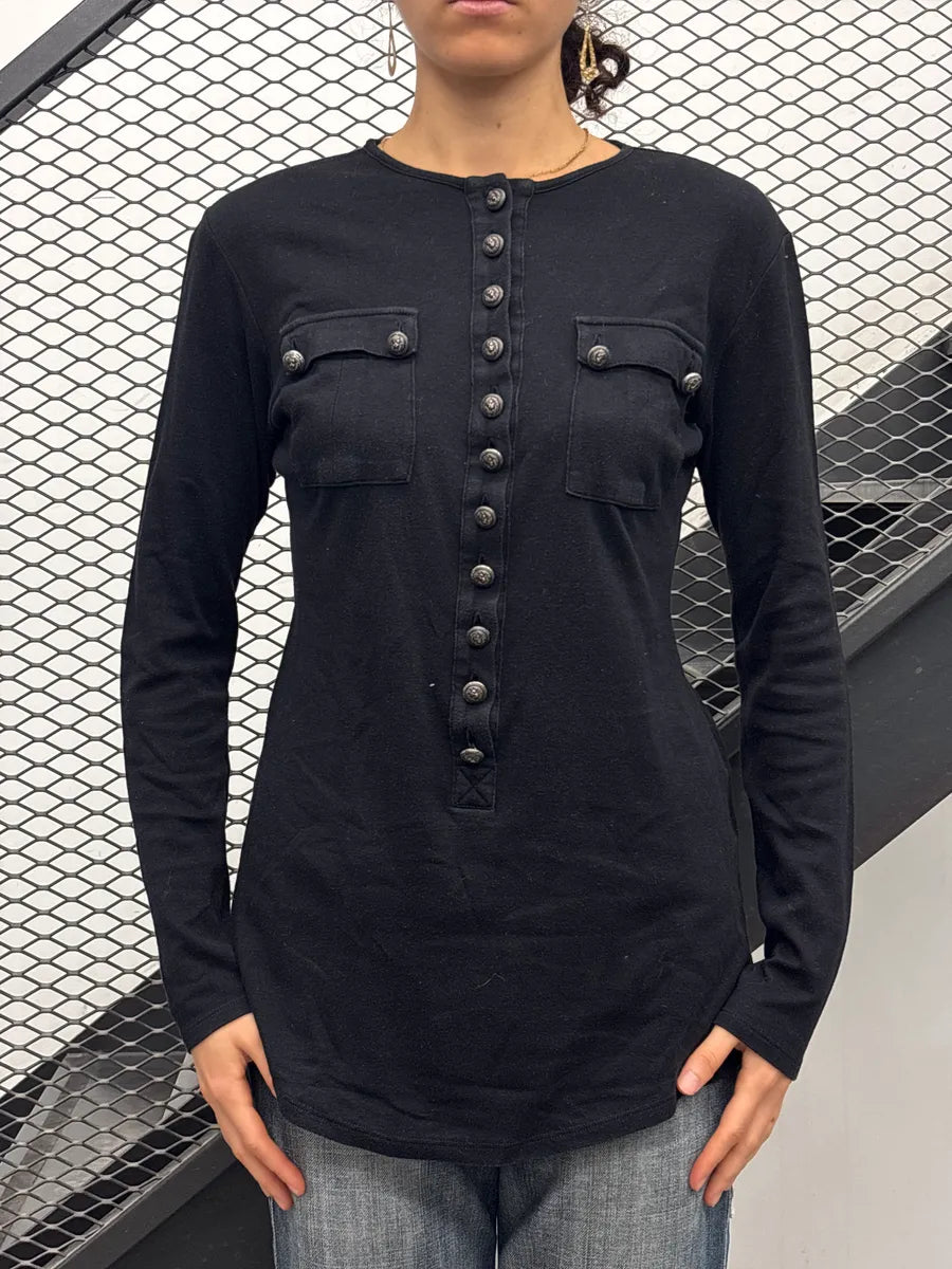 2000s Balmain Black Cashmere Lion Crest Button Henley Longsleeve fnMZXSCj 1
