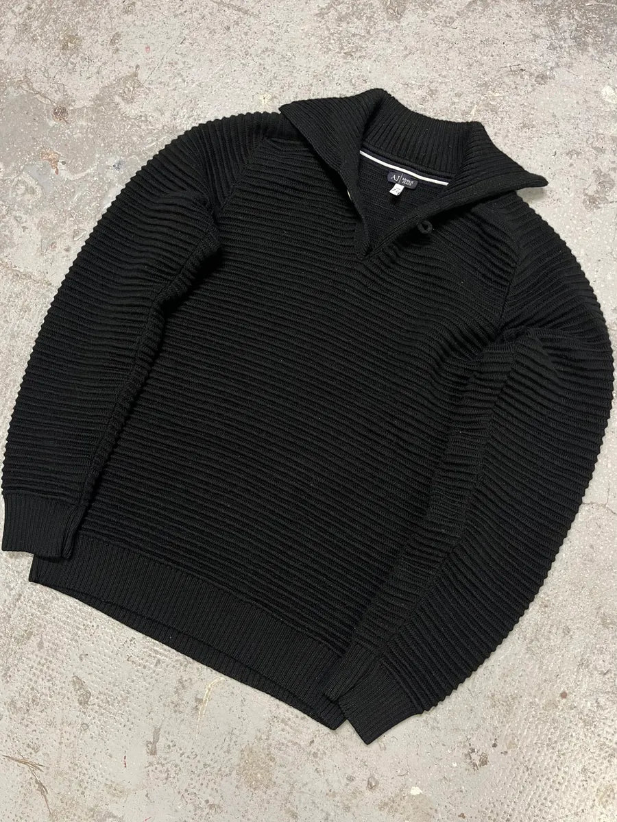 Armani Black Pleats Horizontal Polo Longsleeves WcyUero 4