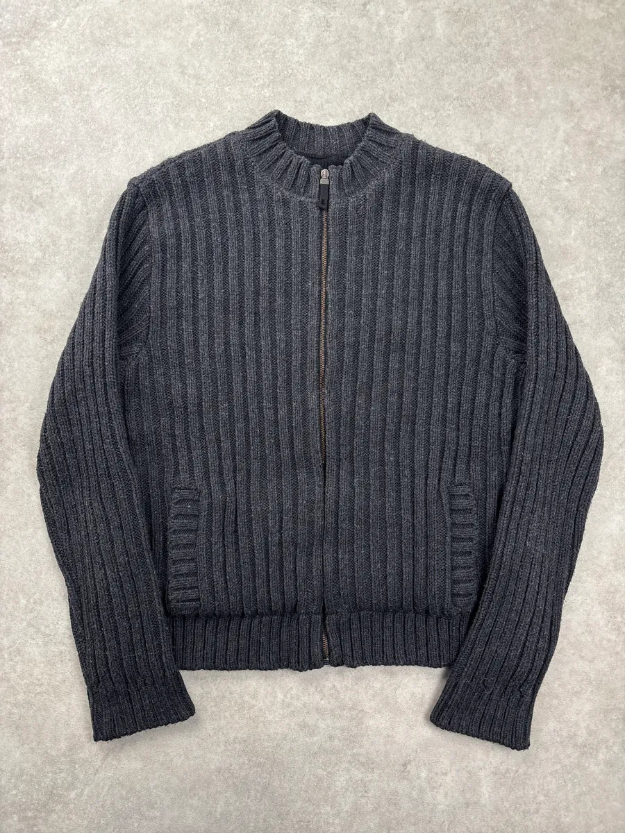 2000s Dolce & Gabbana Dark Grey Wool Ribbed Zip-Up Stand Collar Sweater frvyDuGQ 0