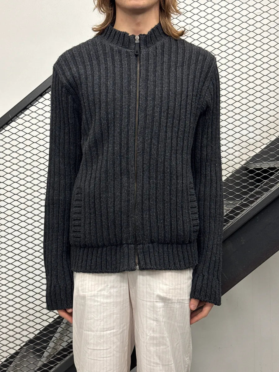 2000s Dolce & Gabbana Dark Grey Wool Ribbed Zip-Up Stand Collar Sweater frvyDuGQ 1