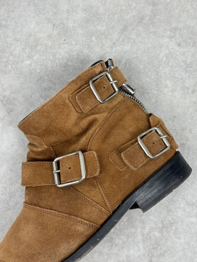 AW2015 Balmain X H&M Tan Camel Suede Leather Strap Biker Boots wzDJOEU 7