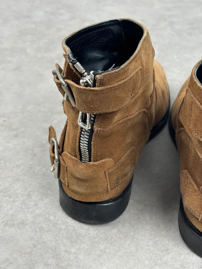 AW2015 Balmain X H&M Tan Camel Suede Leather Strap Biker Boots wzDJOEU 9