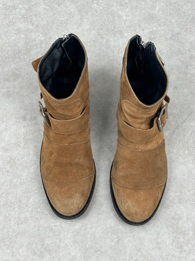 AW2015 Balmain X H&M Tan Camel Suede Leather Strap Biker Boots wzDJOEU 1