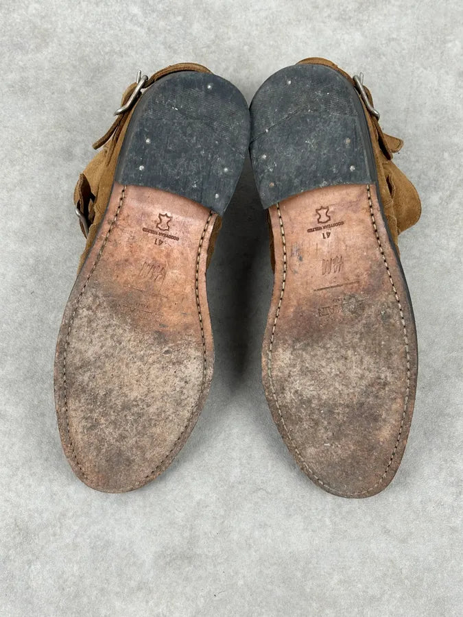 AW2015 Balmain X H&M Tan Camel Suede Leather Strap Biker Boots wzDJOEU 11