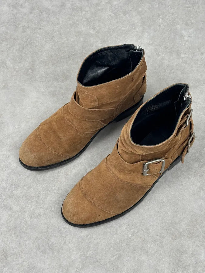 AW2015 Balmain X H&M Tan Camel Suede Leather Strap Biker Boots wzDJOEU 2