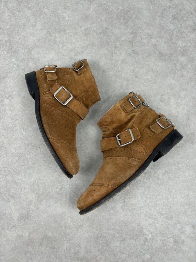 AW2015 Balmain X H&M Tan Camel Suede Leather Strap Biker Boots wzDJOEU 4