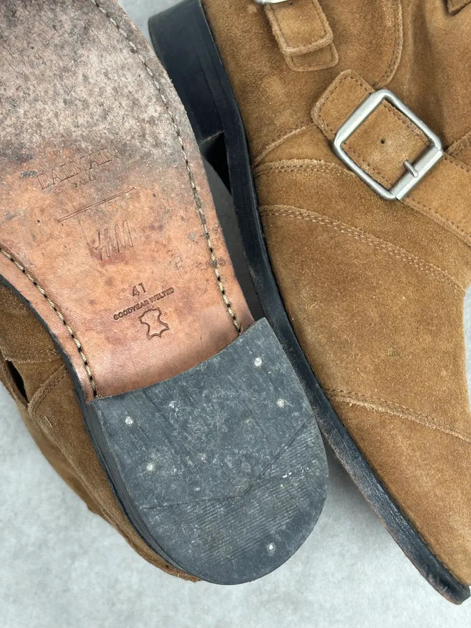 AW2015 Balmain X H&M Tan Camel Suede Leather Strap Biker Boots wzDJOEU 12