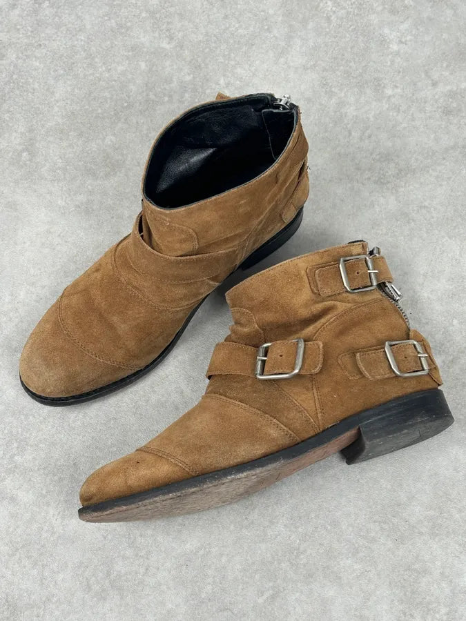 AW2015 Balmain X H&M Tan Camel Suede Leather Strap Biker Boots wzDJOEU 5