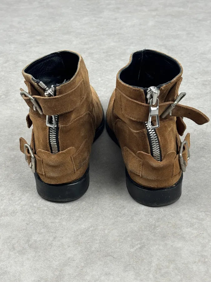 AW2015 Balmain X H&M Tan Camel Suede Leather Strap Biker Boots wzDJOEU 8