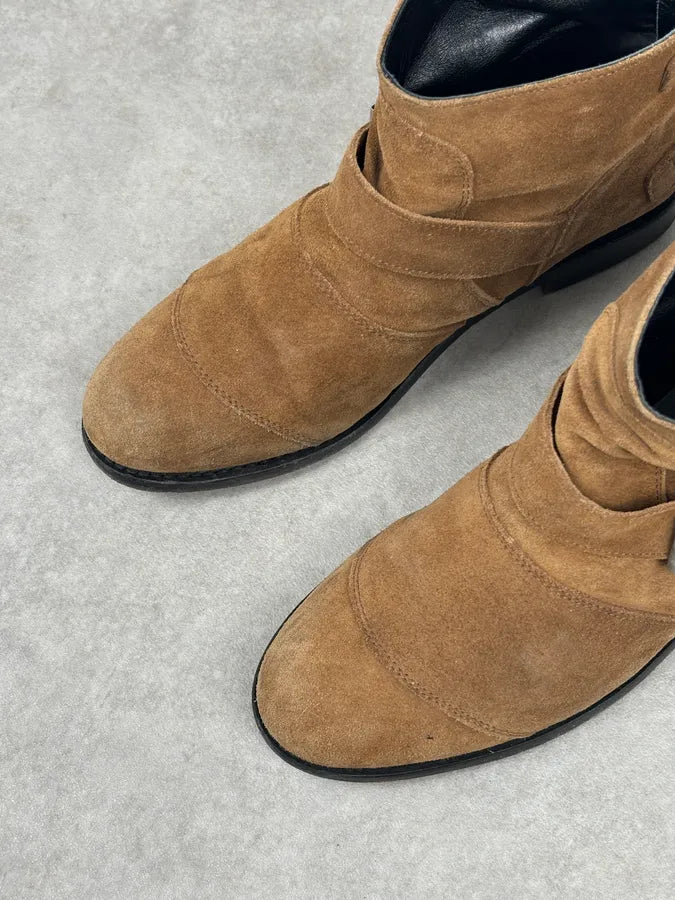 AW2015 Balmain X H&M Tan Camel Suede Leather Strap Biker Boots wzDJOEU 3