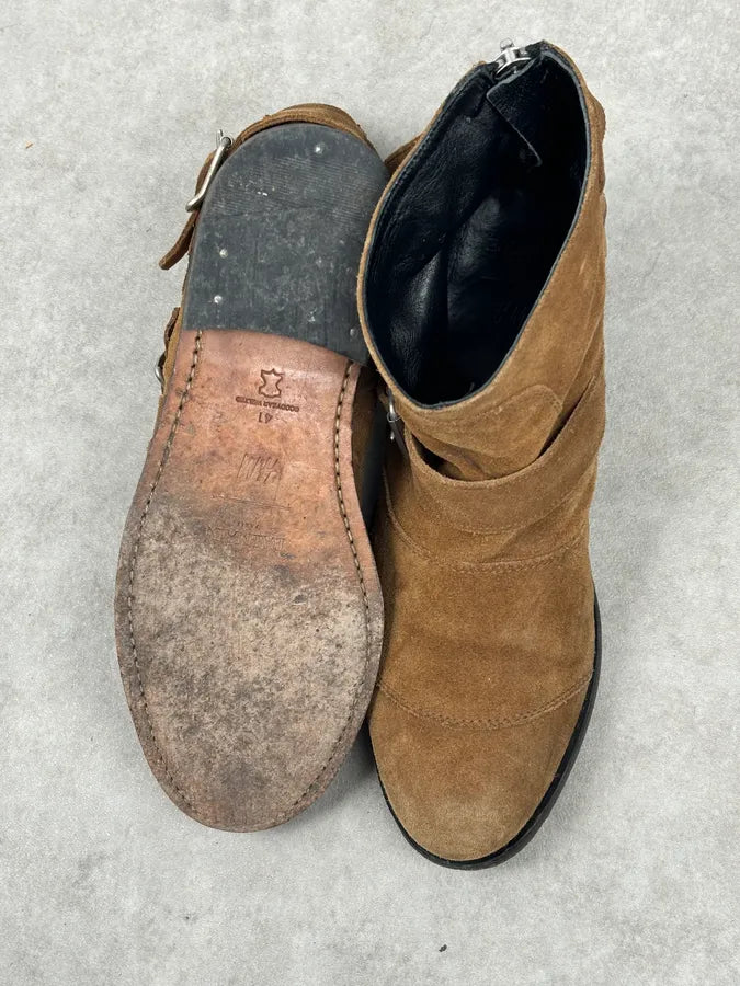 AW2015 Balmain X H&M Tan Camel Suede Leather Strap Biker Boots wzDJOEU 10