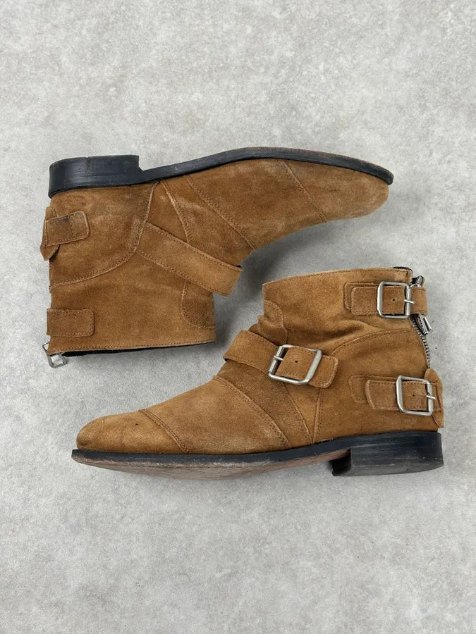 AW2015 Balmain X H&M Tan Camel Suede Leather Strap Biker Boots wzDJOEU 6