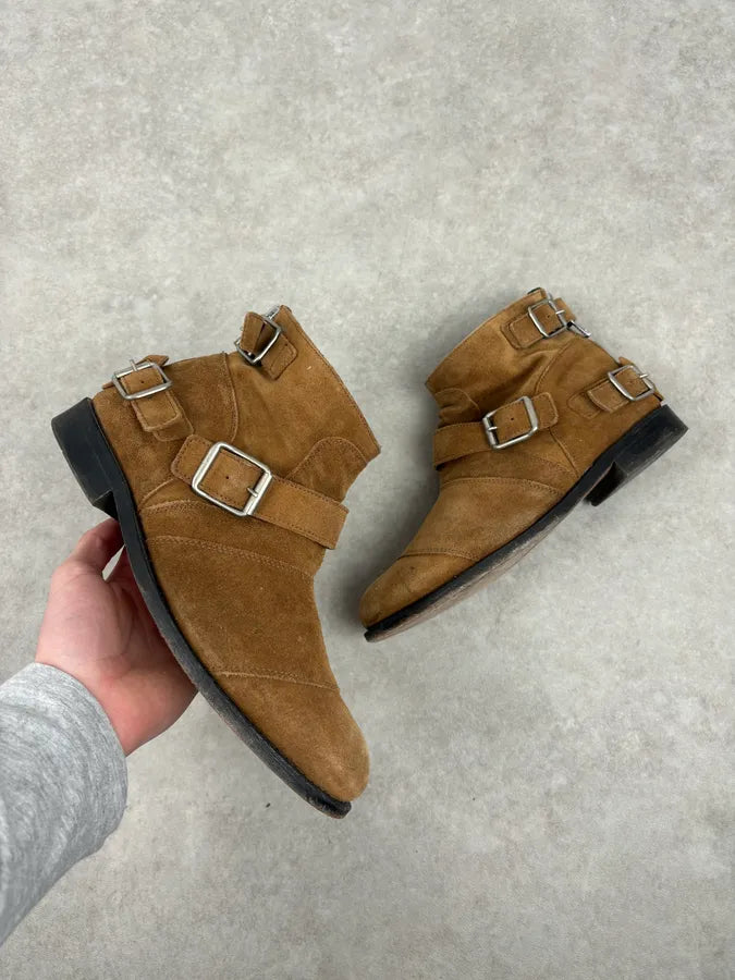 AW2015 Balmain X H&M Tan Camel Suede Leather Strap Biker Boots wzDJOEU 0