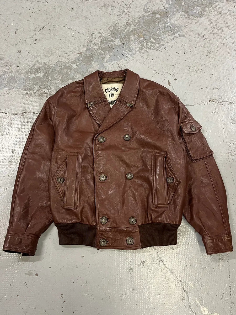 FW1986 Giorgio Armani Brown Leather Bomber Jacket gzJLPLW 0
