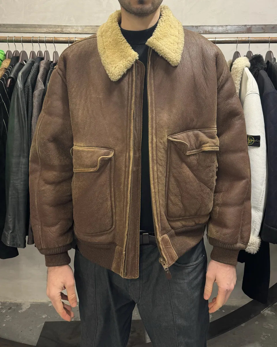 FW1987 Emporio Armani Brown Shearling Bomber Aviator Jacket (L/XL) 3