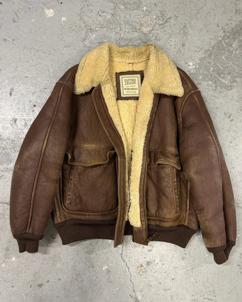 FW1987 Emporio Armani Brown Shearling Bomber Aviator Jacket