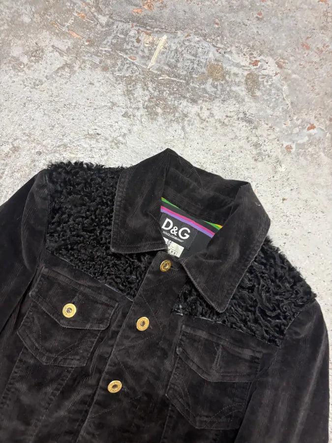 2000s Dolce & Gabbana Black Corduroy Fur Jacket RNOMsfl 3