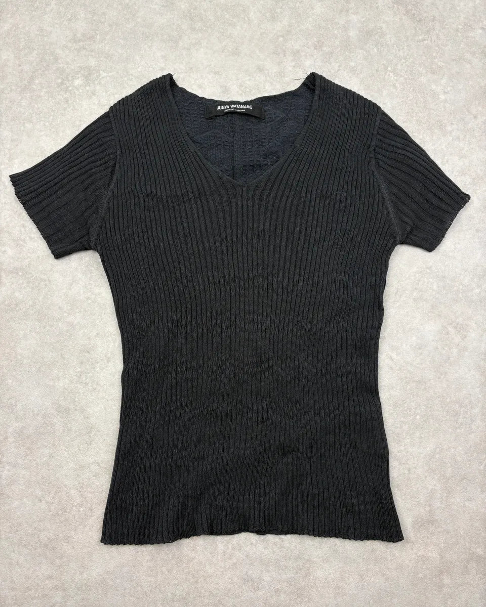 FW1992 Junya Watanabe Black Textured Linen V-Neck T-Shirt SQtAscU 2