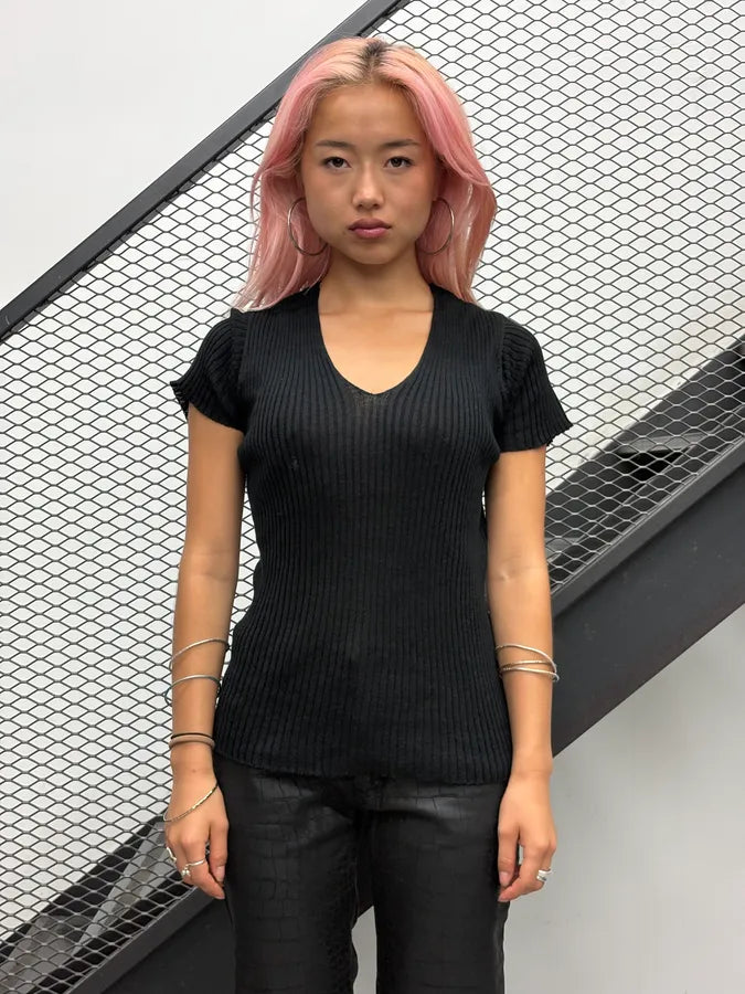 FW1992 Junya Watanabe Black Textured Linen V-Neck T-Shirt SQtAscU 0