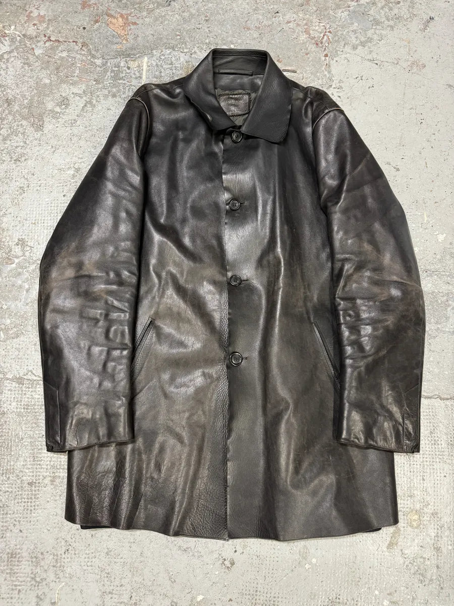 FW1996 Prada Long Black Eroded Leather Jacket RKFEKPQ 0