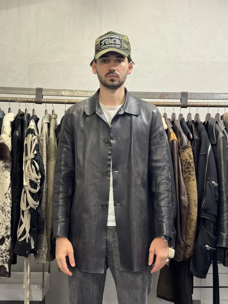 FW1996 Prada Long Black Eroded Leather Jacket RKFEKPQ 1