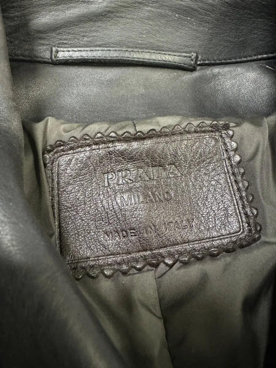 FW1996 Prada Long Black Eroded Leather Jacket RKFEKPQ 11